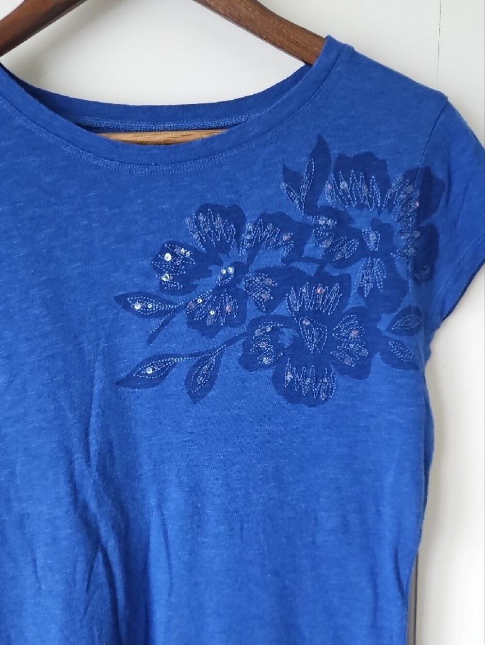 INC International Concepts Royal Blue Floral Sequin Short Sleeve Tee XL